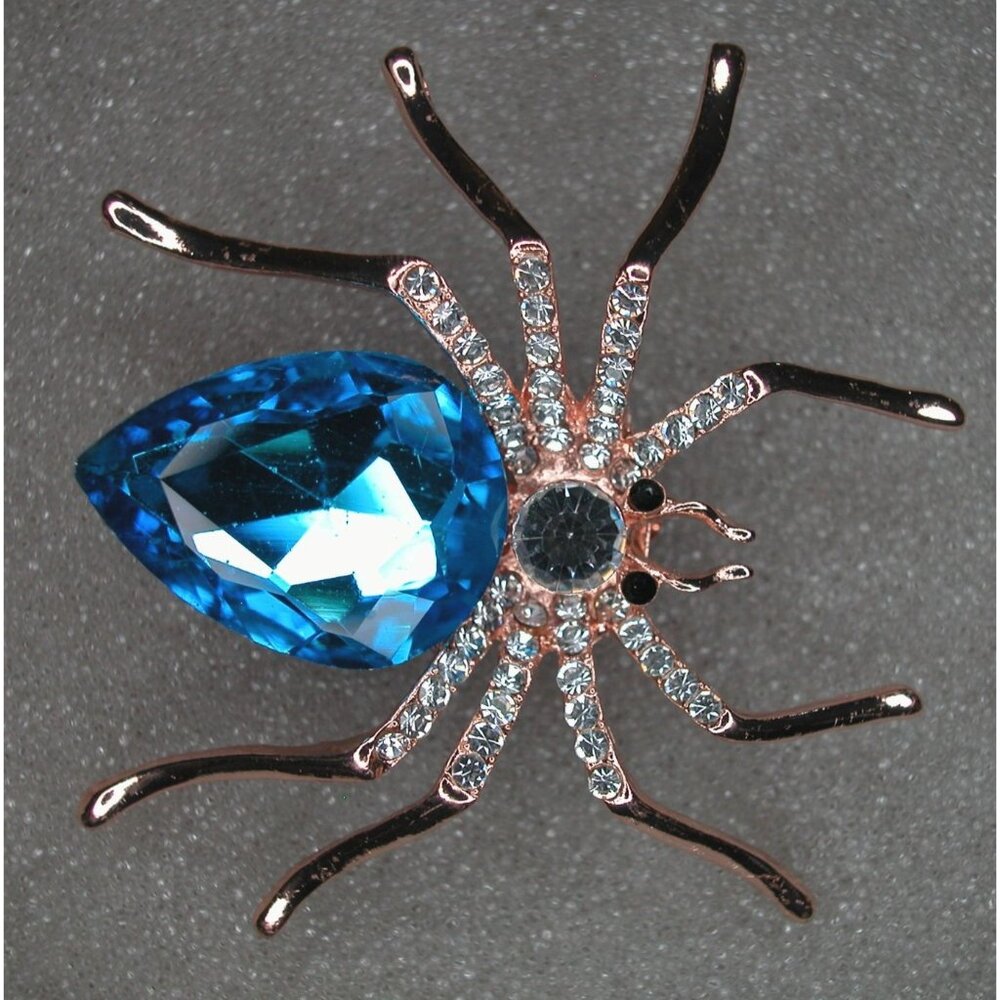 Crystal Blue Spider Brooch 2" x 2"